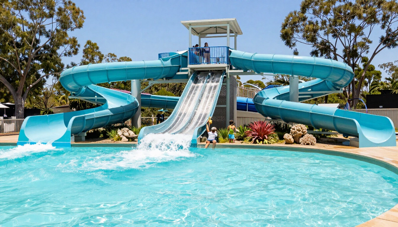 Aqua Fuun water park in Whittlesea with spiralling slides above a turquoise wave pool