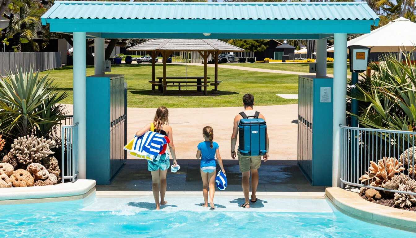Family arriving at the water park entrance carrying towels and an esky