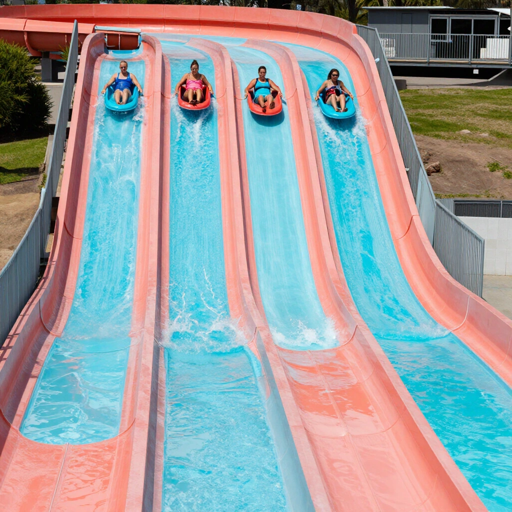 Four lane racing waterslide with riders descending side by side on mats