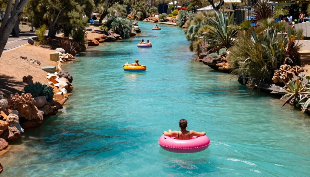 Guests drifting on rings along the heated lazy river at Aqua Fuun