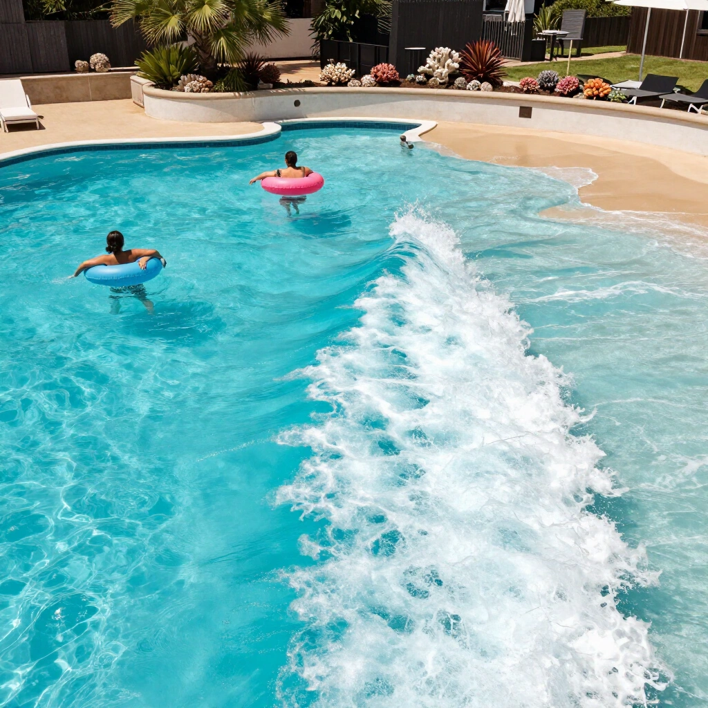 Heated wave pool with rolling waves and a shallow zero depth entry