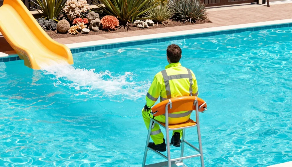 Lifeguard watching a slide splashdown pool from a raised chair
