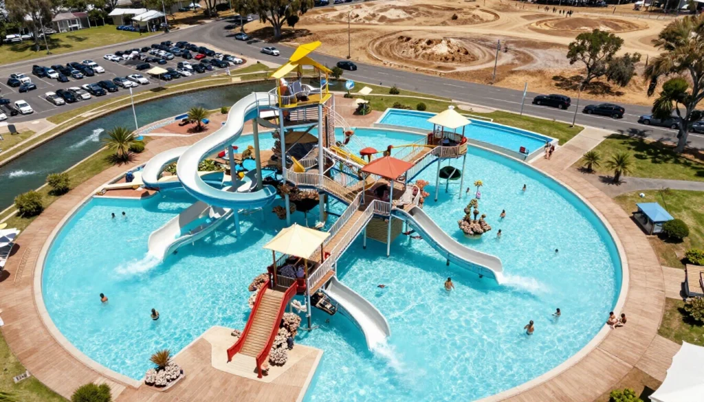 Overhead view of the water park showing slide towers, wave pool and lazy river