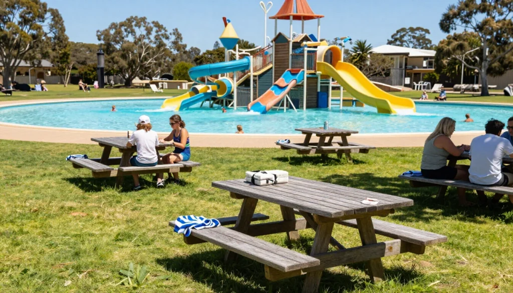 Shaded picnic lawn with timber tables and waterslides rising behind