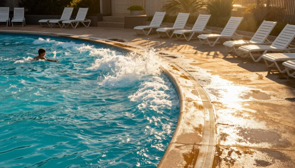 Sunset over the wave pool as the last swimmers leave for the day