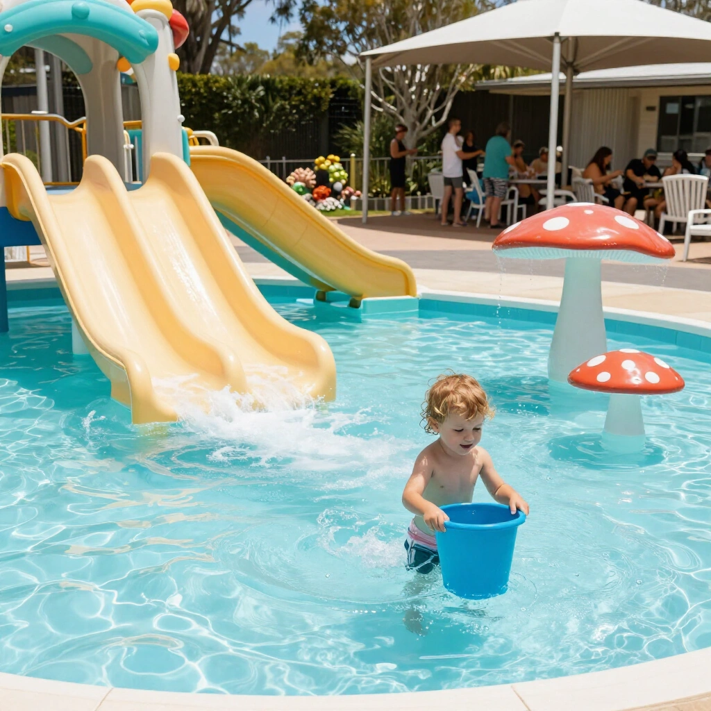 Toddler splash zone with a tipping bucket and shallow warm water