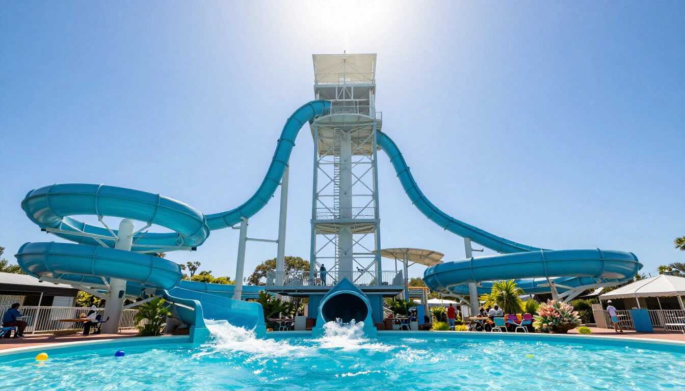 Waterslide tower with looping flumes crossing overhead above the queue platform